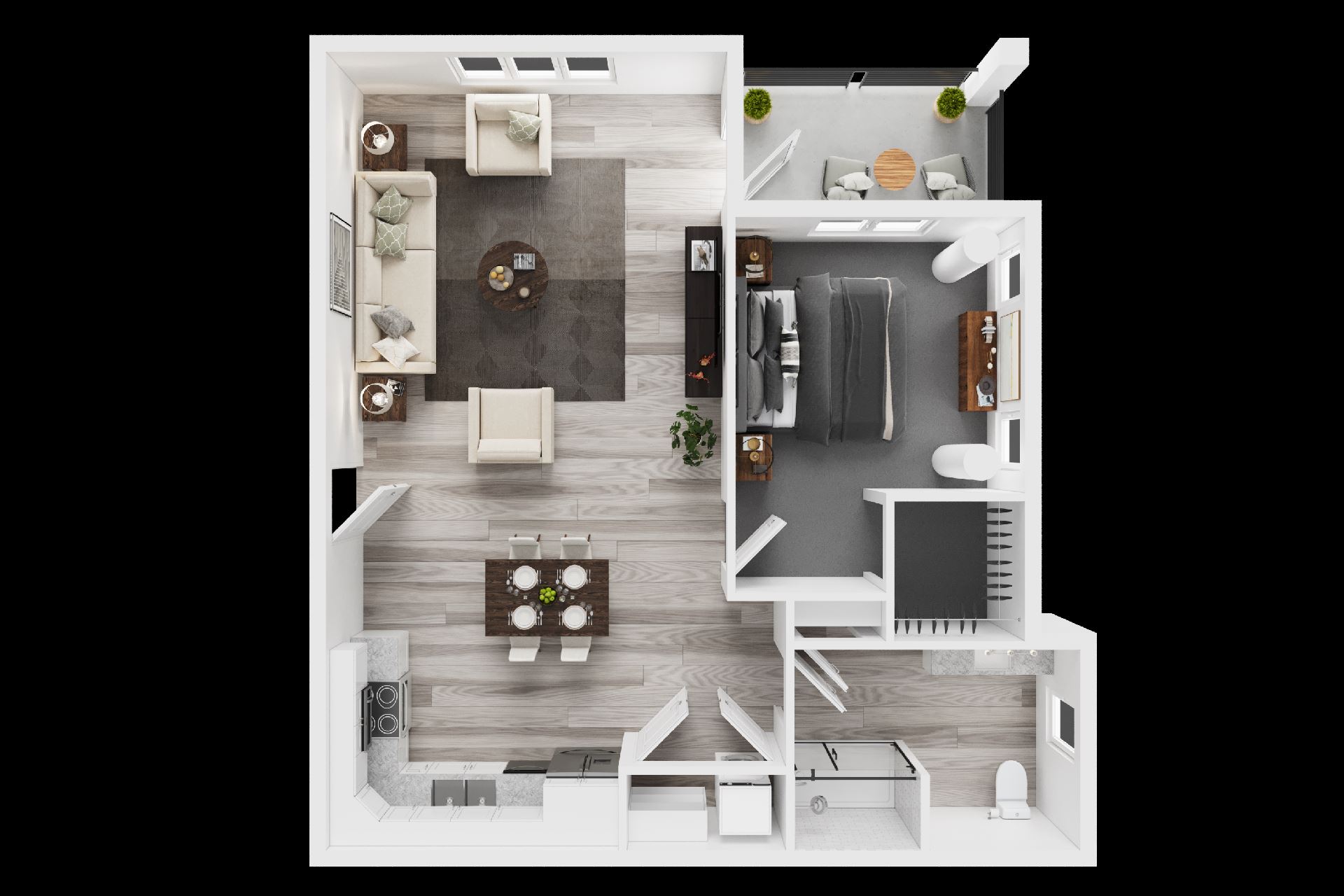 A top-down view of a modern kitchen and living room.